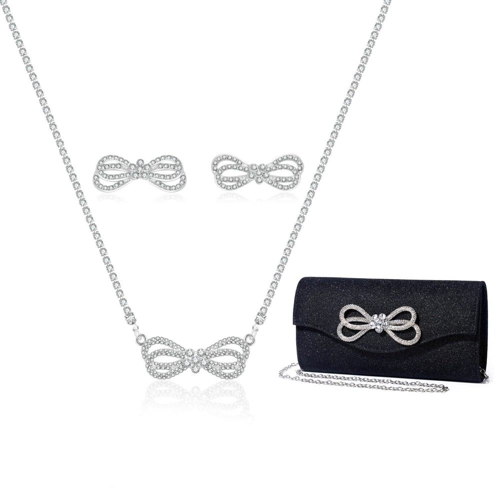 Detara Elegant Rhinestone Bow Event Bundle - Crystal Clutch & Jewelry Set